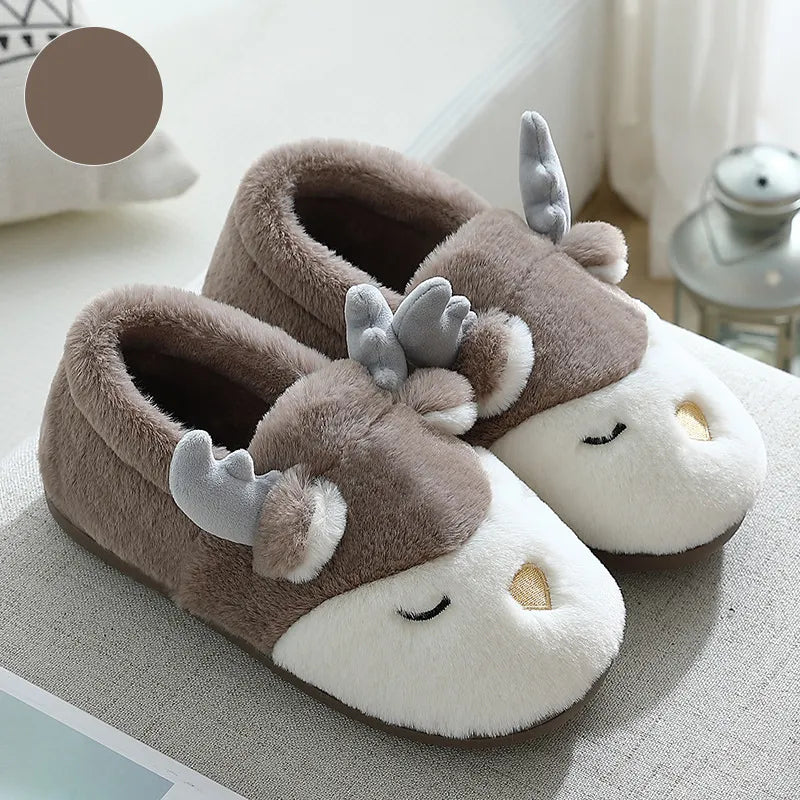 Cozy Christmas Reindeer Plush Slippers – Warm Winter House Shoes for Men & Women