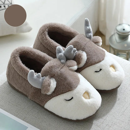 Cozy Christmas Reindeer Plush Slippers – Warm Winter House Shoes for Men & Women