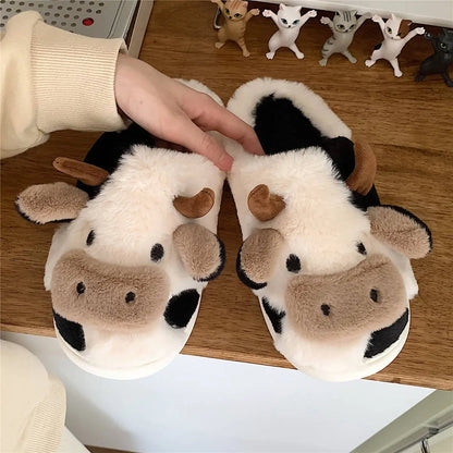 Kawaii Cow Plush Slippers – Warm & Fluffy Indoor Shoes