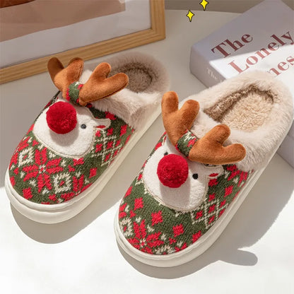 Cute Christmas Reindeer Plush Slippers – Warm, Non-Slip Indoor Shoes