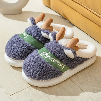 Cozy Christmas Reindeer Slippers – Soft Winter Plush Indoor House Shoes, Easy Slip-On Style