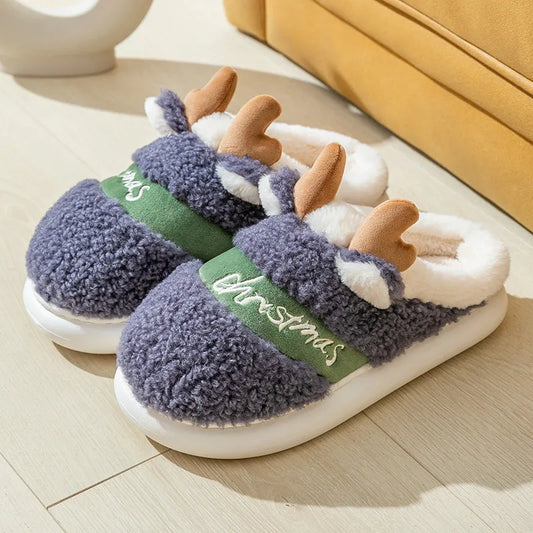 Cozy Christmas Reindeer Slippers – Soft Winter Plush Indoor House Shoes, Easy Slip-On Style
