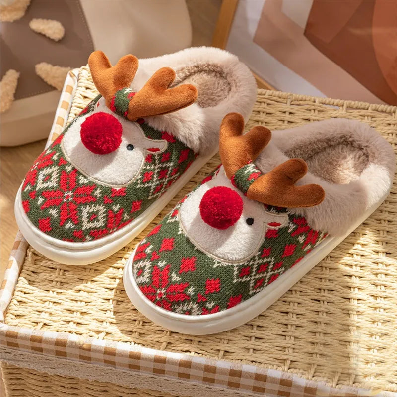 Cute Christmas Reindeer Plush Slippers – Warm, Non-Slip Indoor Shoes