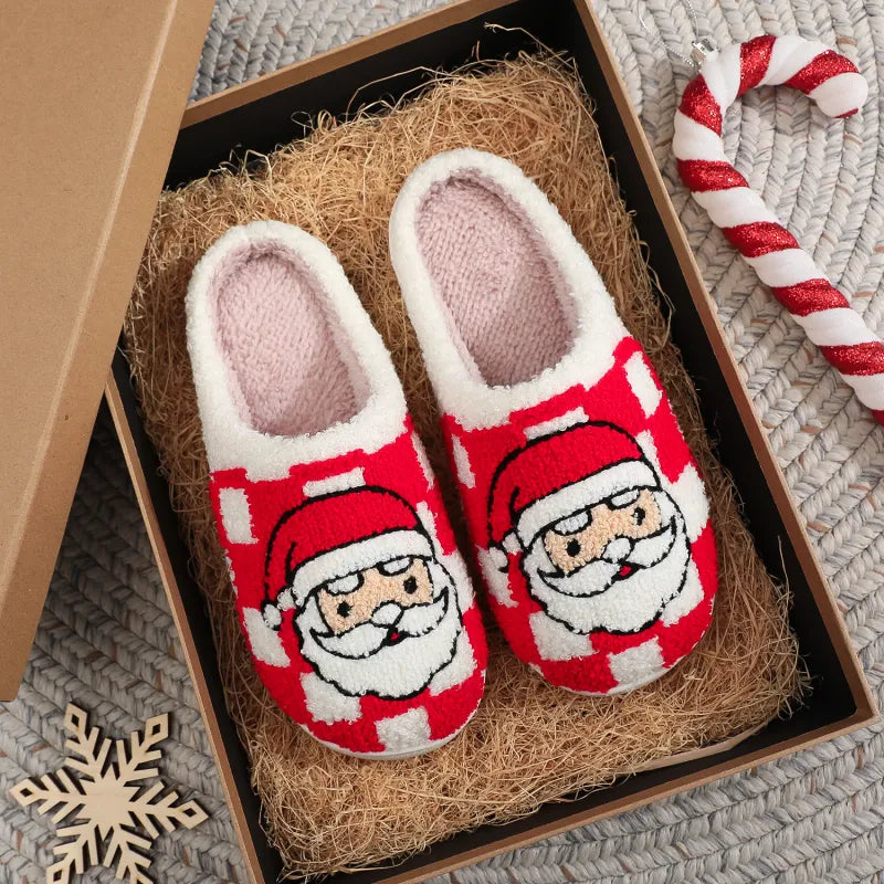 Plaid Santa Claus Slippers – Soft Fuzzy Non-Slip Winter House Shoes