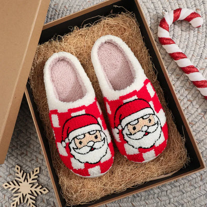 Plaid Santa Claus Slippers – Soft Fuzzy Non-Slip Winter House Shoes