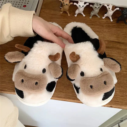 Kawaii Cow Plush Slippers – Warm & Fluffy Indoor Shoes