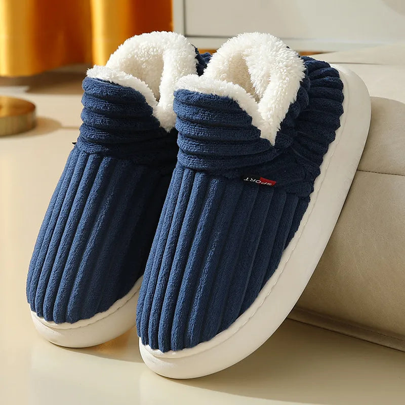 Unisex Plush Winter Slippers – Striped Indoor & Outdoor Shoes