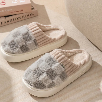 Cozy Plaid Plush Slippers – Soft Warm Indoor House Shoes