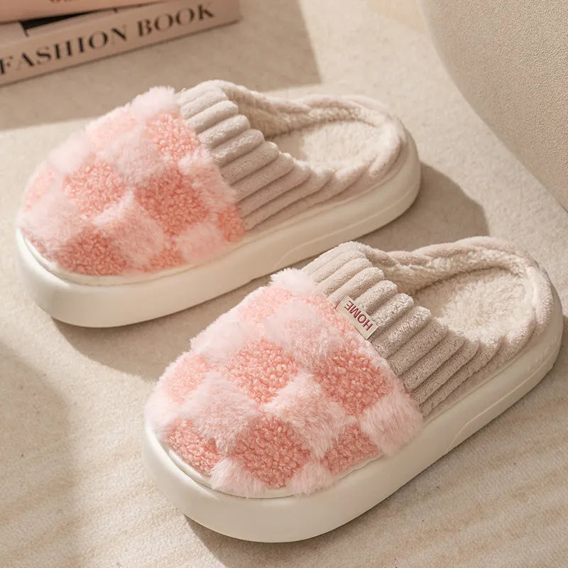 Cozy Plaid Plush Slippers – Soft Warm Indoor House Shoes