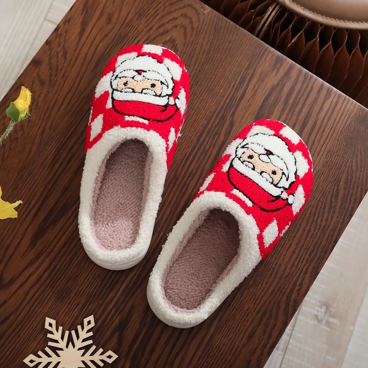 Plaid Santa Claus Slippers – Soft Fuzzy Non-Slip Winter House Shoes