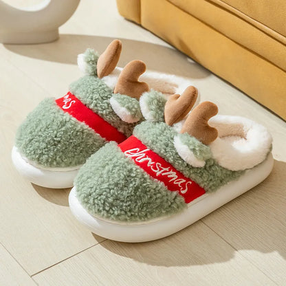 Cozy Christmas Reindeer Slippers – Soft Winter Plush Indoor House Shoes, Easy Slip-On Style
