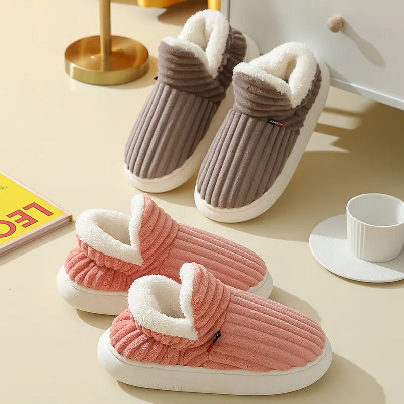 Unisex Plush Winter Slippers – Striped Indoor & Outdoor Shoes