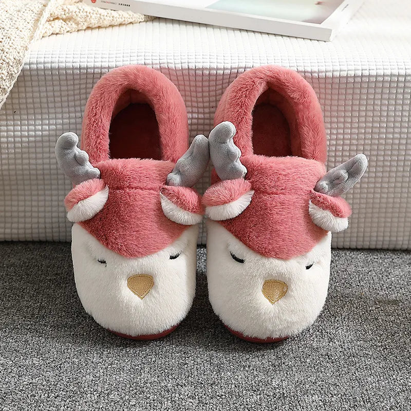 Cozy Christmas Reindeer Plush Slippers – Warm Winter House Shoes for Men & Women