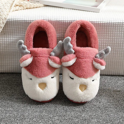 Cozy Christmas Reindeer Plush Slippers – Warm Winter House Shoes for Men & Women