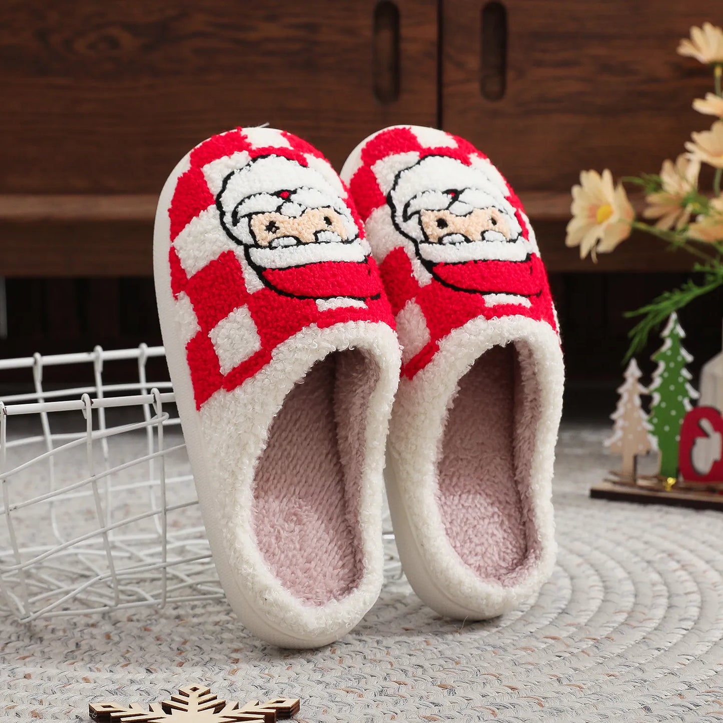 Plaid Santa Claus Slippers – Soft Fuzzy Non-Slip Winter House Shoes