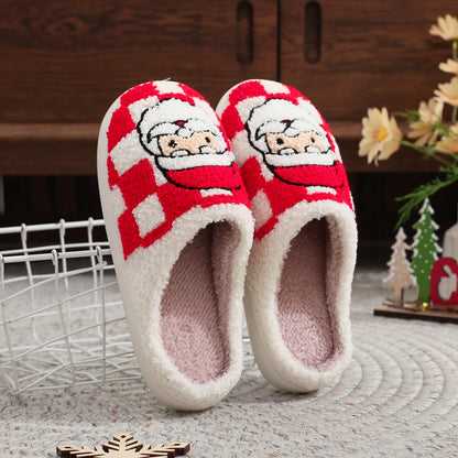 Plaid Santa Claus Slippers – Soft Fuzzy Non-Slip Winter House Shoes