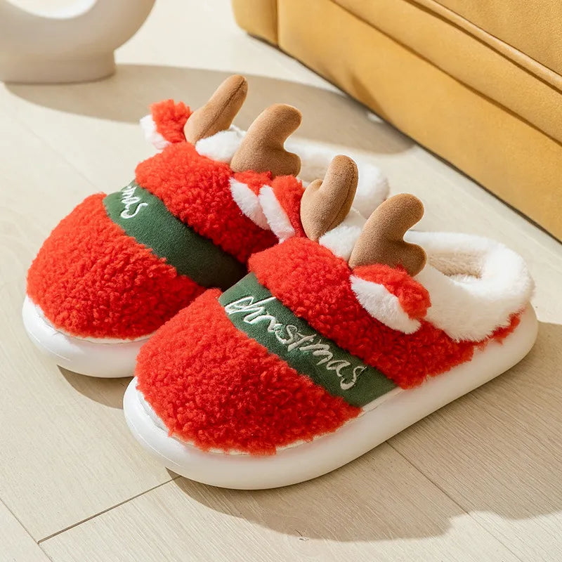 Cozy Christmas Reindeer Slippers – Soft Winter Plush Indoor House Shoes, Easy Slip-On Style