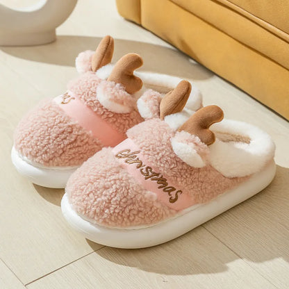 Cozy Christmas Reindeer Slippers – Soft Winter Plush Indoor House Shoes, Easy Slip-On Style