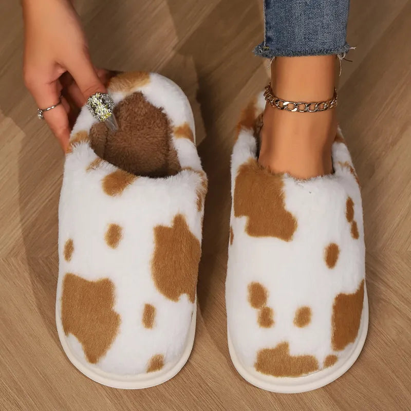 Cozy Cow Plush Slippers – Soft Fuzzy Winter Indoor House Shoes
