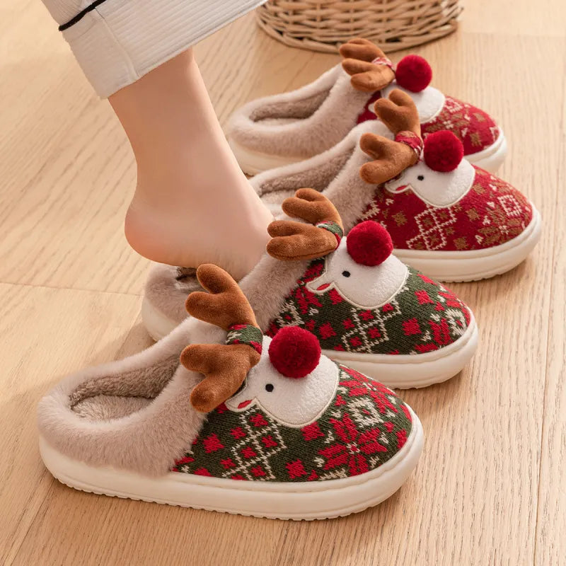 Cute Christmas Reindeer Plush Slippers – Warm, Non-Slip Indoor Shoes
