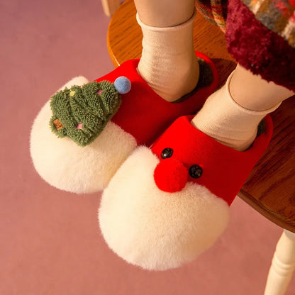 Christmas Plush Slippers for Women – Warm Santa & Tree Design, Cozy Non-Slip Indoor Shoes