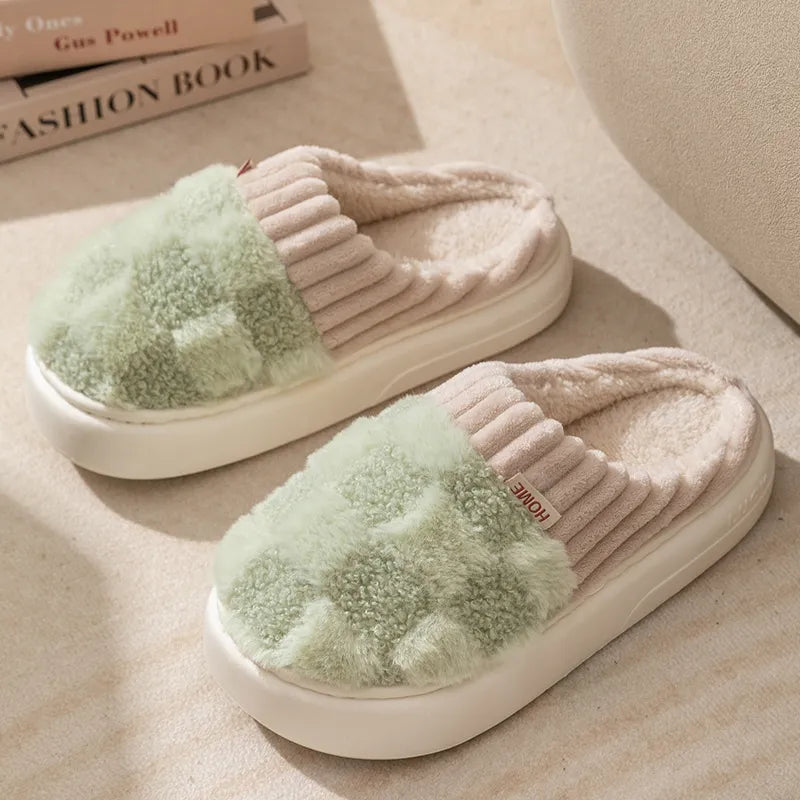 Cozy Plaid Plush Slippers – Soft Warm Indoor House Shoes