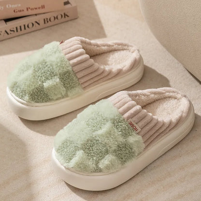 Cozy Plaid Plush Slippers – Soft Warm Indoor House Shoes