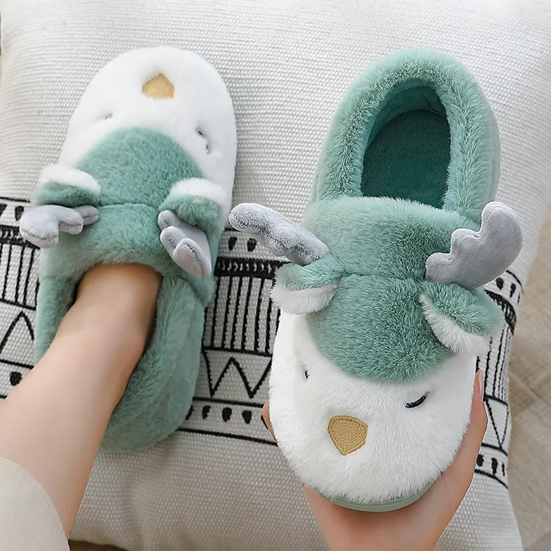 Cozy Christmas Reindeer Plush Slippers – Warm Winter House Shoes for Men & Women