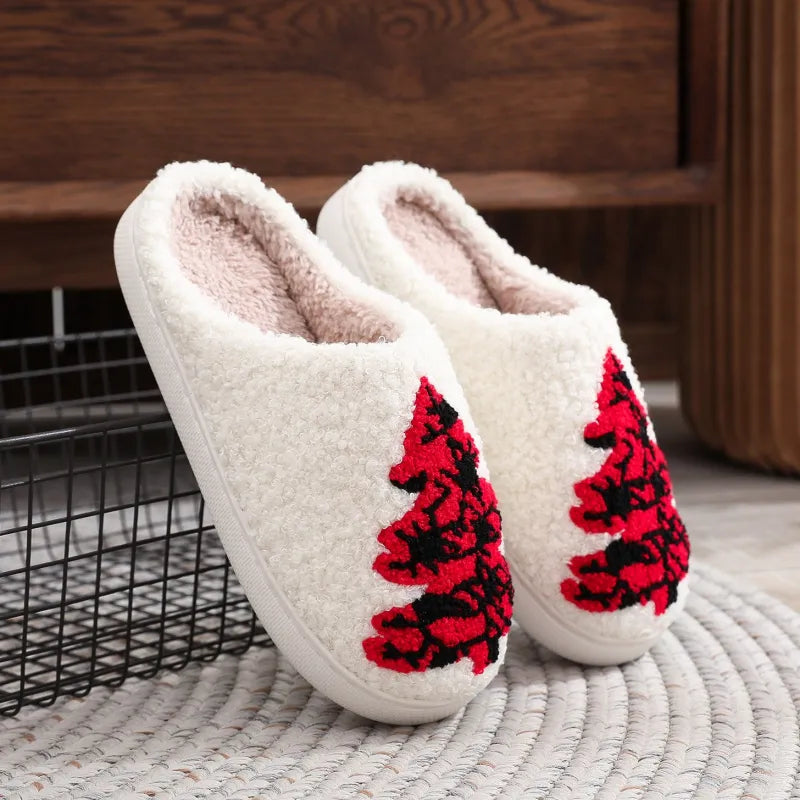 Warm Christmas Tree Slippers for Women – Soft Fuzzy Non-Slip House Shoes