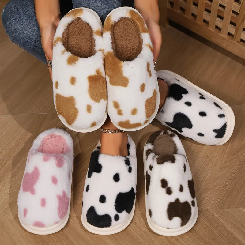 Cozy Cow Plush Slippers – Soft Fuzzy Winter Indoor House Shoes