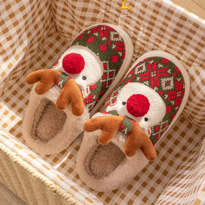 Cute Christmas Reindeer Plush Slippers – Warm, Non-Slip Indoor Shoes