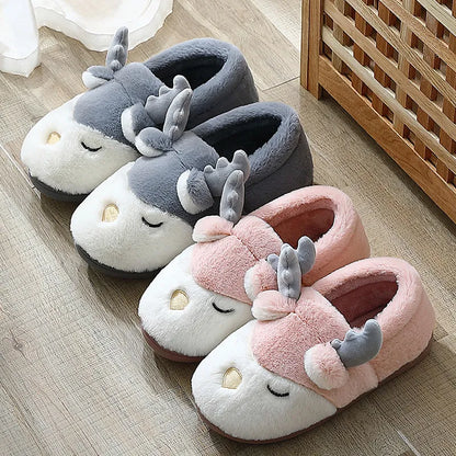 Cozy Christmas Reindeer Plush Slippers – Warm Winter House Shoes for Men & Women