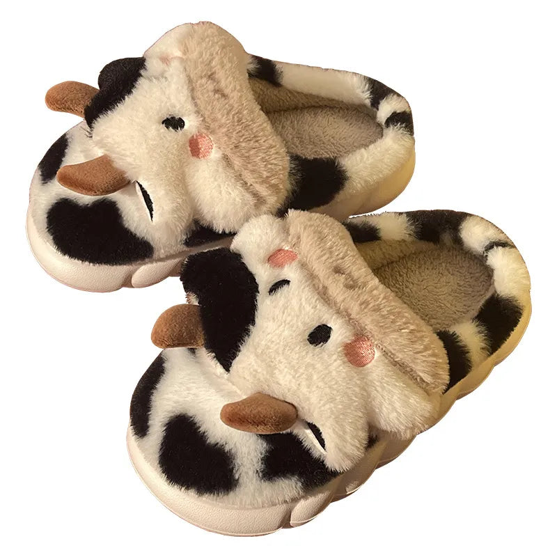 Kawaii Cow Plush Slippers – Warm & Fluffy Indoor Shoes
