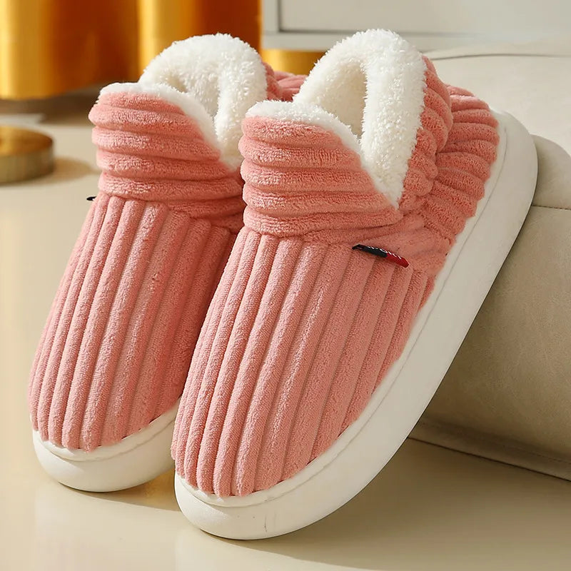 Unisex Plush Winter Slippers – Striped Indoor & Outdoor Shoes