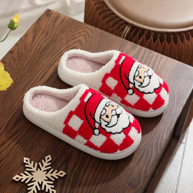 Plaid Santa Claus Slippers – Soft Fuzzy Non-Slip Winter House Shoes