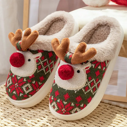 Cute Christmas Reindeer Plush Slippers – Warm, Non-Slip Indoor Shoes