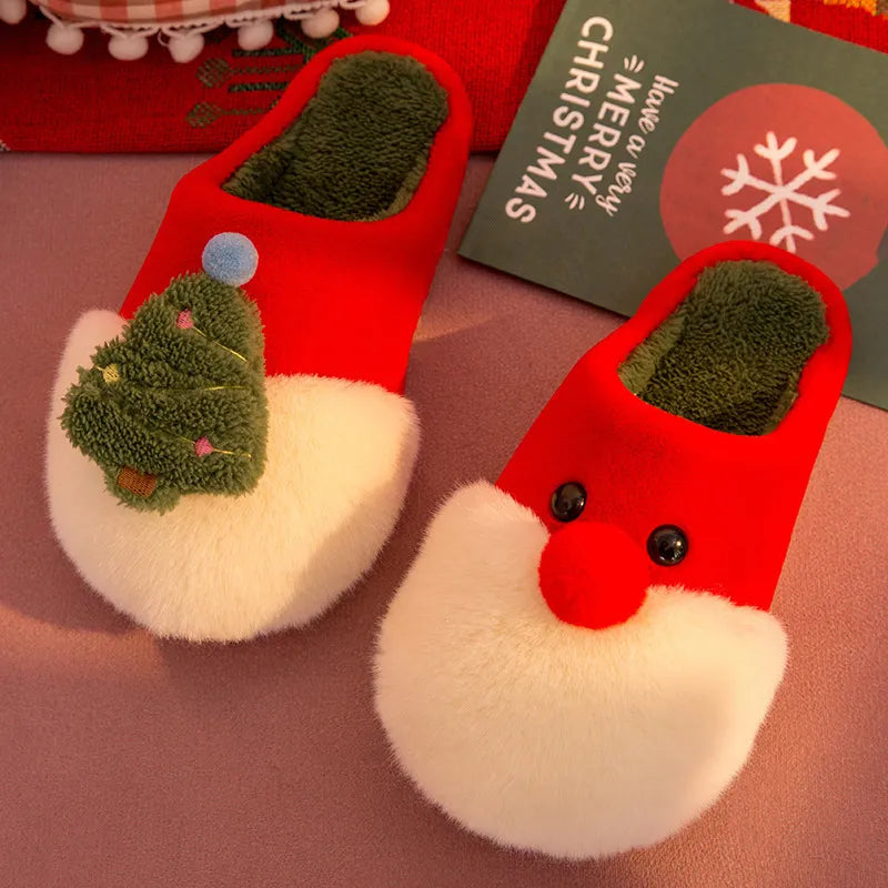 Christmas Plush Slippers for Women – Warm Santa & Tree Design, Cozy Non-Slip Indoor Shoes