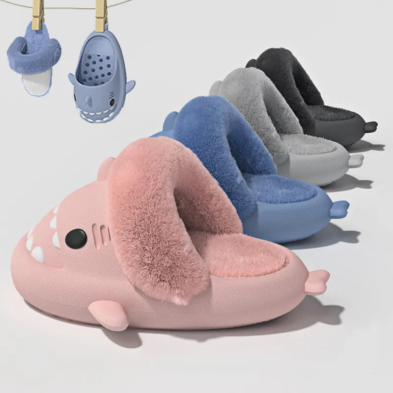 Shark Plush Winter Slippers – Warm Detachable Fuzzy Indoor Shoes for Women