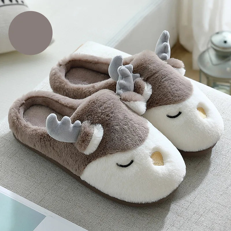 Cozy Christmas Reindeer Plush Slippers – Warm Winter House Shoes for Men & Women