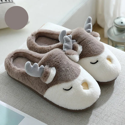 Cozy Christmas Reindeer Plush Slippers – Warm Winter House Shoes for Men & Women