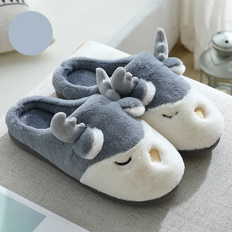 Cozy Christmas Reindeer Plush Slippers – Warm Winter House Shoes for Men & Women
