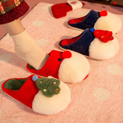 Christmas Plush Slippers for Women – Warm Santa & Tree Design, Cozy Non-Slip Indoor Shoes