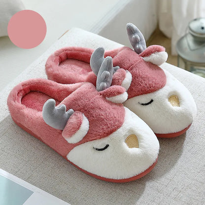 Cozy Christmas Reindeer Plush Slippers – Warm Winter House Shoes for Men & Women