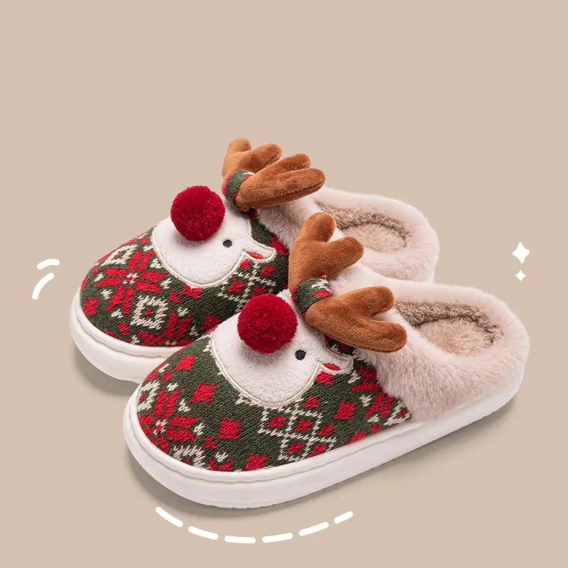 Cute Christmas Reindeer Plush Slippers – Warm, Non-Slip Indoor Shoes