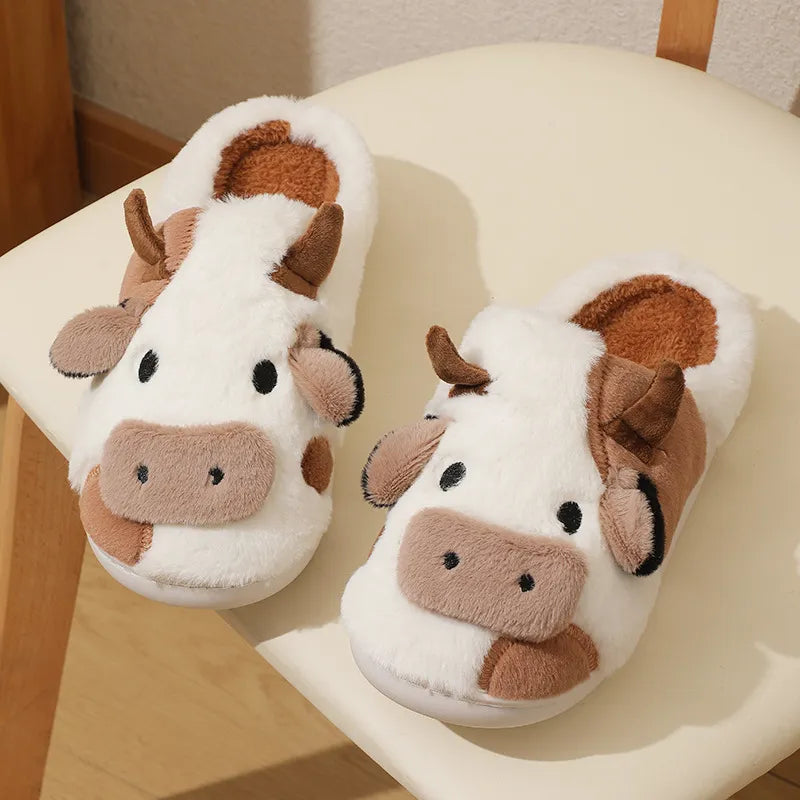 Kawaii Cow Plush Slippers – Warm & Fluffy Indoor Shoes