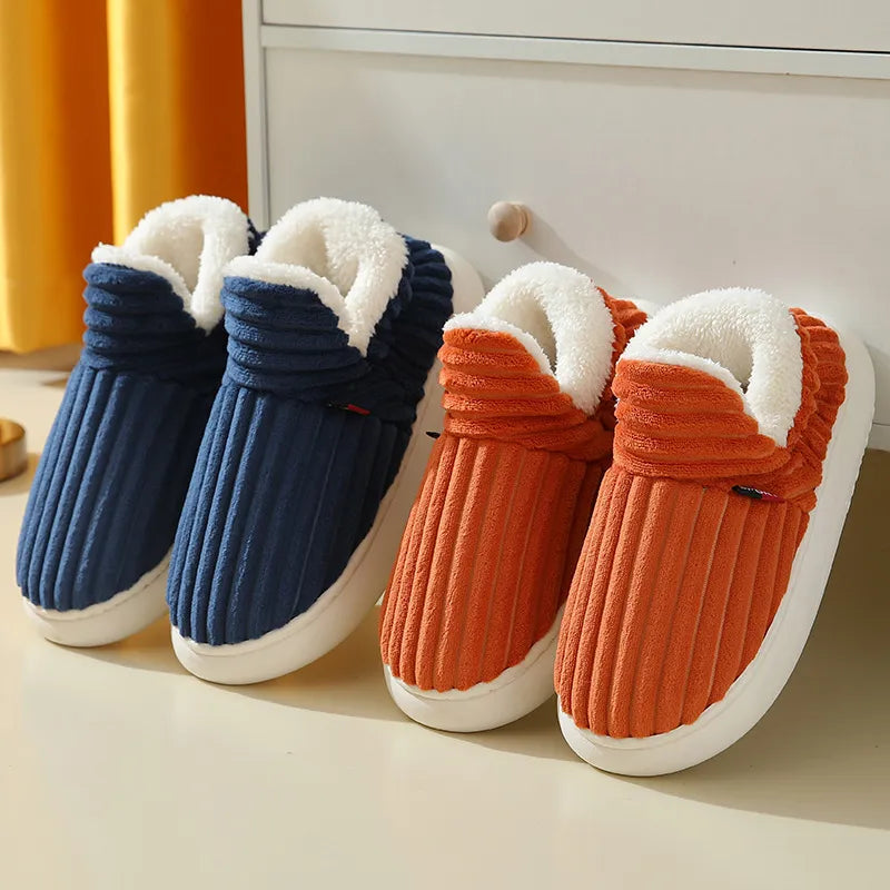 Unisex Plush Winter Slippers – Striped Indoor & Outdoor Shoes