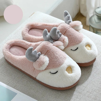 Cozy Christmas Reindeer Plush Slippers – Warm Winter House Shoes for Men & Women
