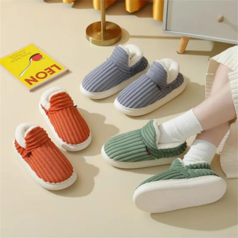 Unisex Plush Winter Slippers – Striped Indoor & Outdoor Shoes